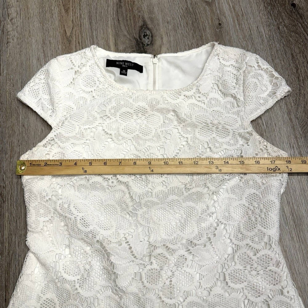NINE WEST White Lace Dress Womens 10 Lined Knee Length Short Cap Sleeve - Picture 8 of 9
